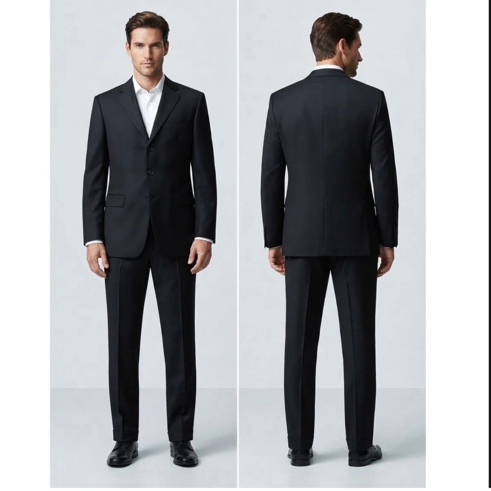 Giorgio Cosani Mens Suit 42R 36x28 Black Super 100s Wool 3 Button Pleated Cuffed